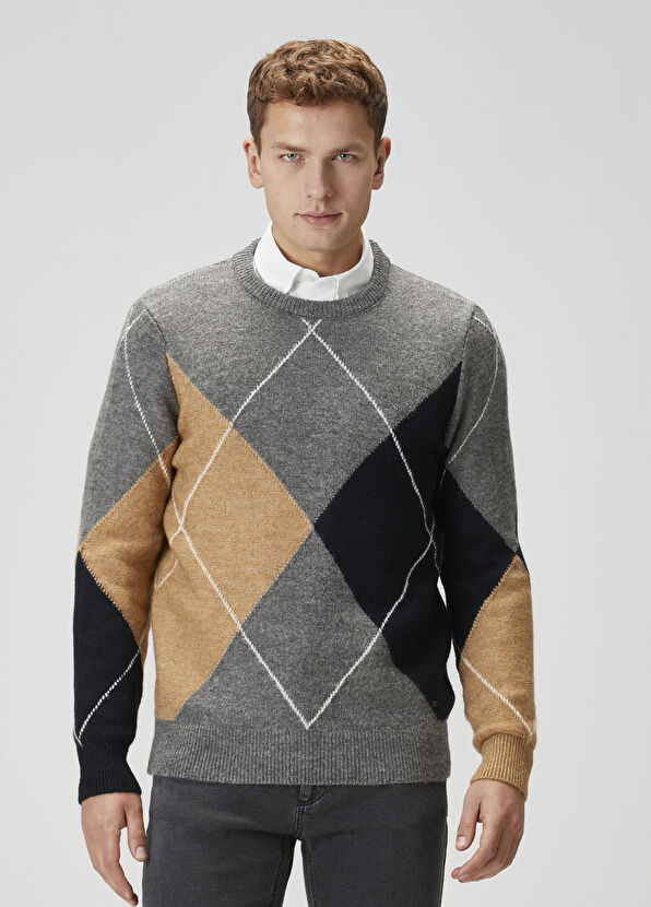 Beymen Club Grey Diamond Pattern Jacquard Sweater - 1