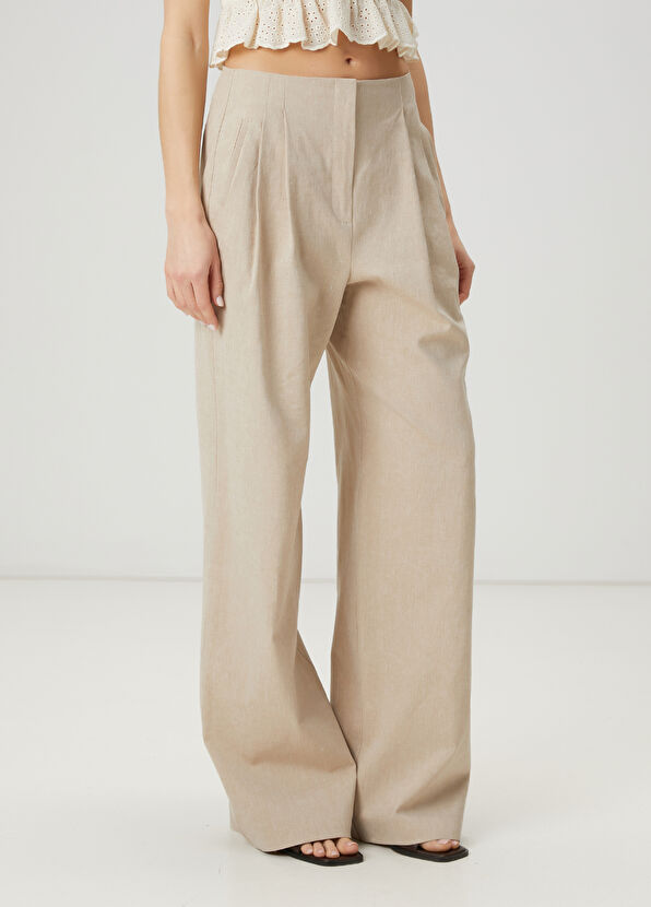 Beymen Club Bej Çift Pilili Keten Pantolon - 4