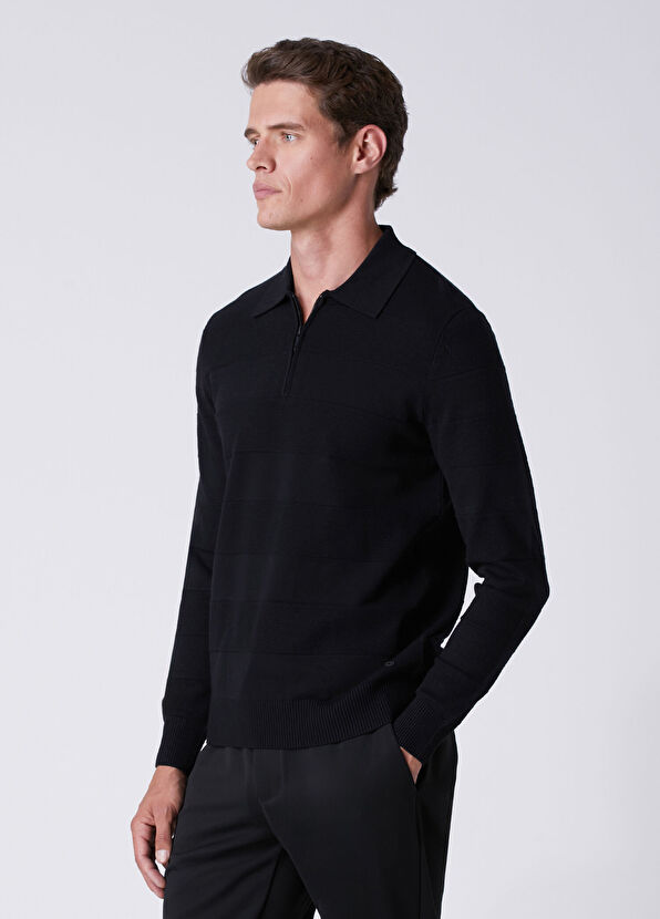 Beymen Club Black Polo Collar Horizontal Knit Block Sweater - 4