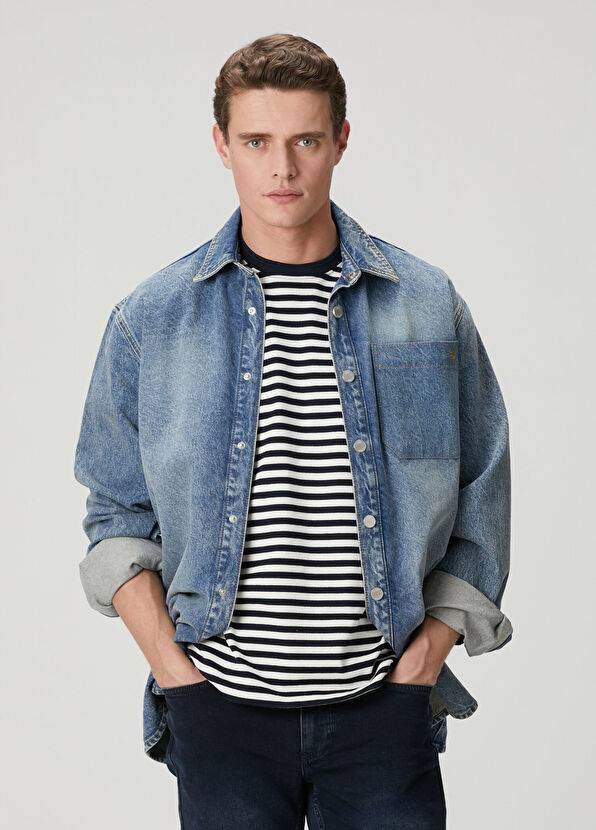 Beymen Club Mavi Oversize Fit Tek Cepli Jean Gömlek - 3