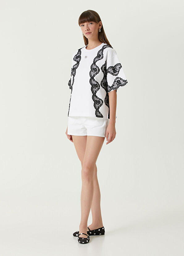 Dolce&Gabbana Beyaz Siyah Dantel Garnili T-shirt - 2