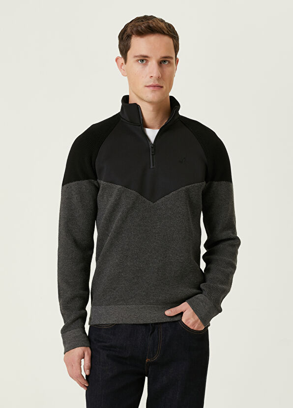 Beymen Club Siyah Yakası Fermuarlı Garni Detaylı Kazak - 1