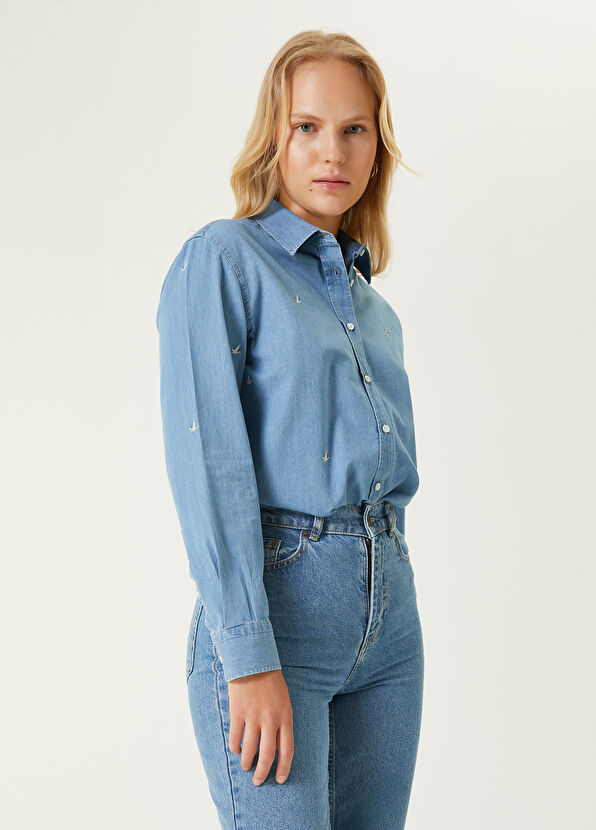 Beymen Club Mavi Serpme Kuş Nakışlı Denim Gömlek - 4