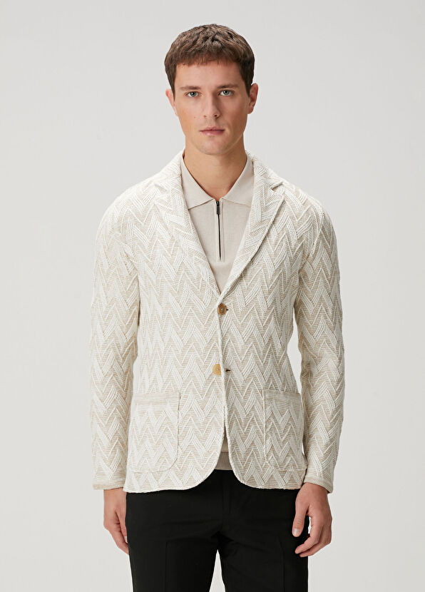 Maurizio Baldassari Bej Beyaz Zikzak Desen Jakarlı Triko Ceket - 3