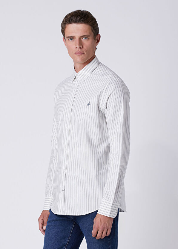 Beymen Club Beyaz Gri Comfort Fit Çizgili Oxford Gömlek - 4