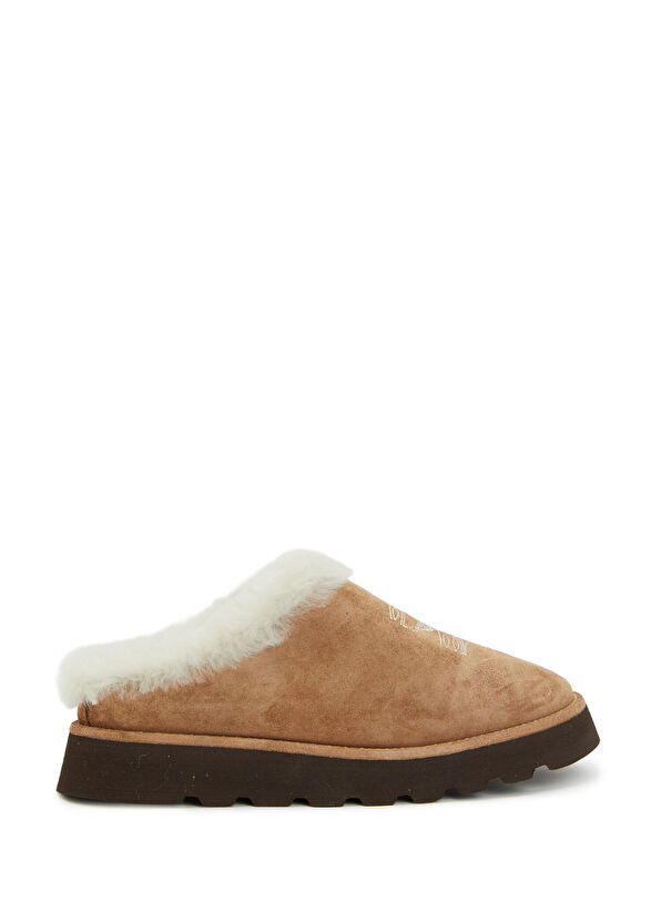 Taba Shearling Detaylı Kadın Deri Terlik - Görsel 2