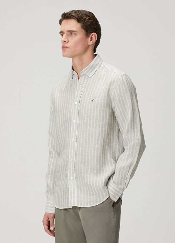 Beymen Club Comfort Fit Green Line Patterned Linen Shirt - 4