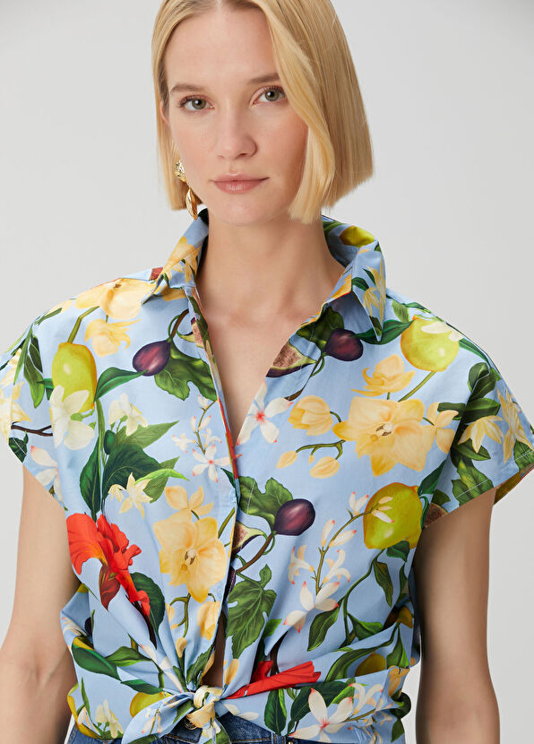 Beymen Collection Mavi Çiçekli Kısa Kol Poplin Gömlek - 2