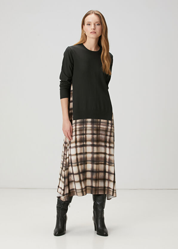 Beymen Club Khaki Plaid Midi Knit Dress - 1