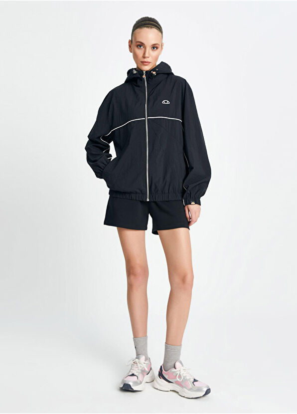 Siyah Kapüşonlu Fermuarlı Kadın Spor Yağmurluk - Görsel 2