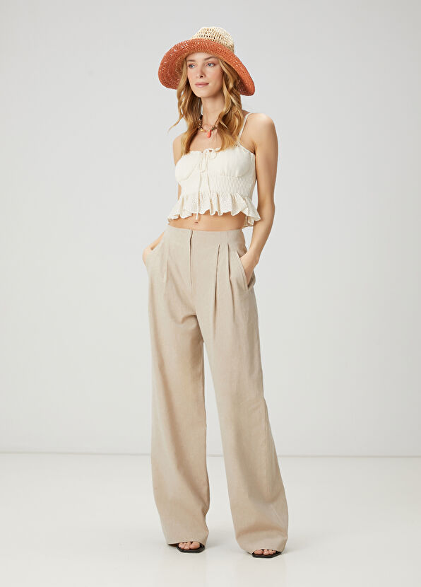 Beymen Club Bej Çift Pilili Keten Pantolon - 1