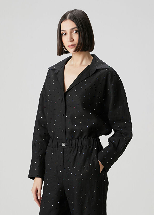 Siyah Taş Detaylı Keten Gömlek - Görsel 5