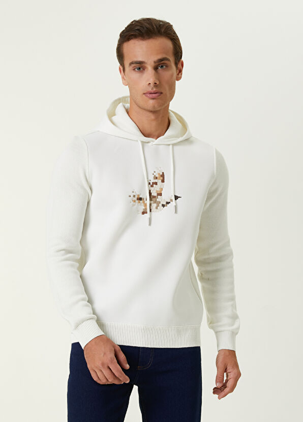 Beymen Club Beyaz Kapüşonlu Piksel Kaz Nakışlı Garnili Kazak - 1