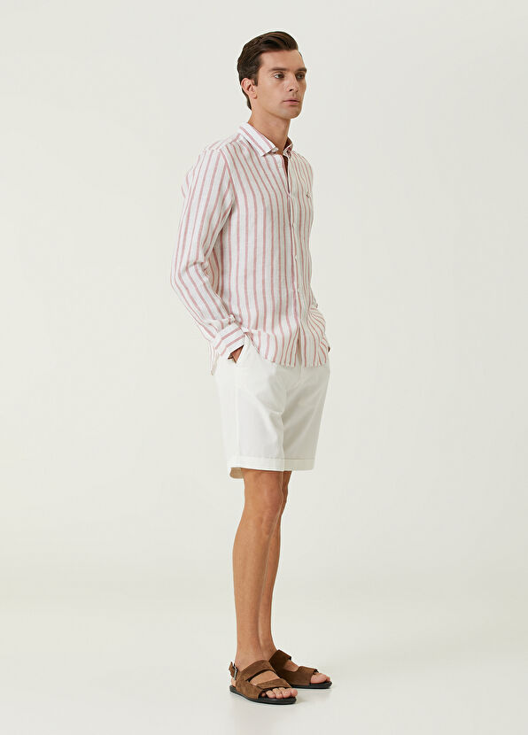 Beymen Club Slim Fit Dark Pink Thick Striped Linen Shirt - 3