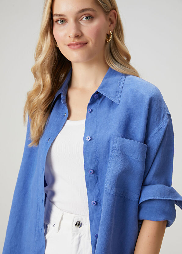 Beymen Club Oversize Blue Linen Shirt - 2