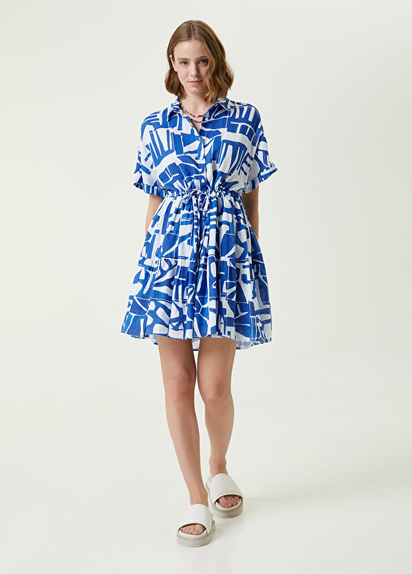 Beymen Club Beyaz Mavi Fayans Desenli Mini Keten Gömlek Elbise - 1