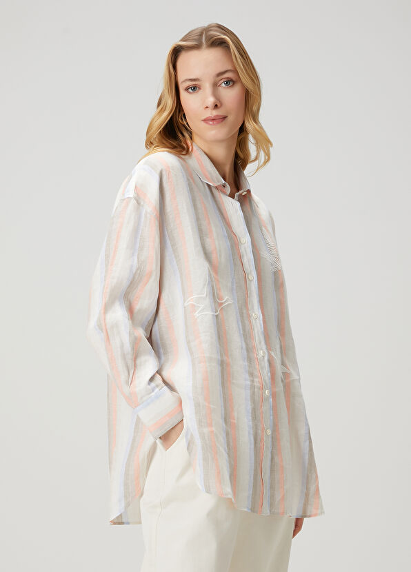 Beymen Club Somon Çizgili Keten Gömlek - 4