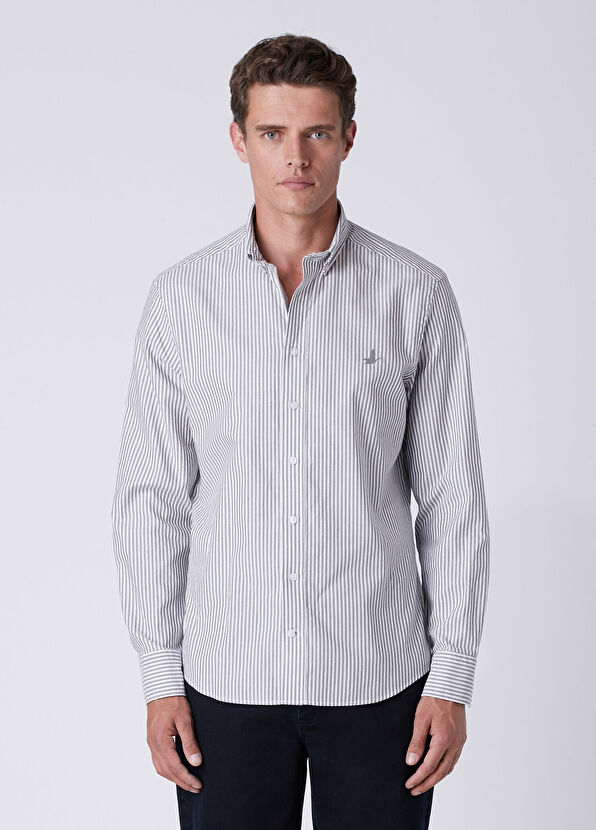 Beymen Club Comfort Fit Khaki White Striped Oxford Shirt - 2
