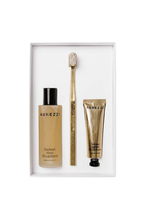 Aurezzi Travel Trio Gold Ağız Bakım Suyu 80 ml + Menthol Gold Diş Macunu 25 ml + Gold White Soft Diş Fırçası 3'lü Seyahat Boy Ağız Bakım Seti - 2