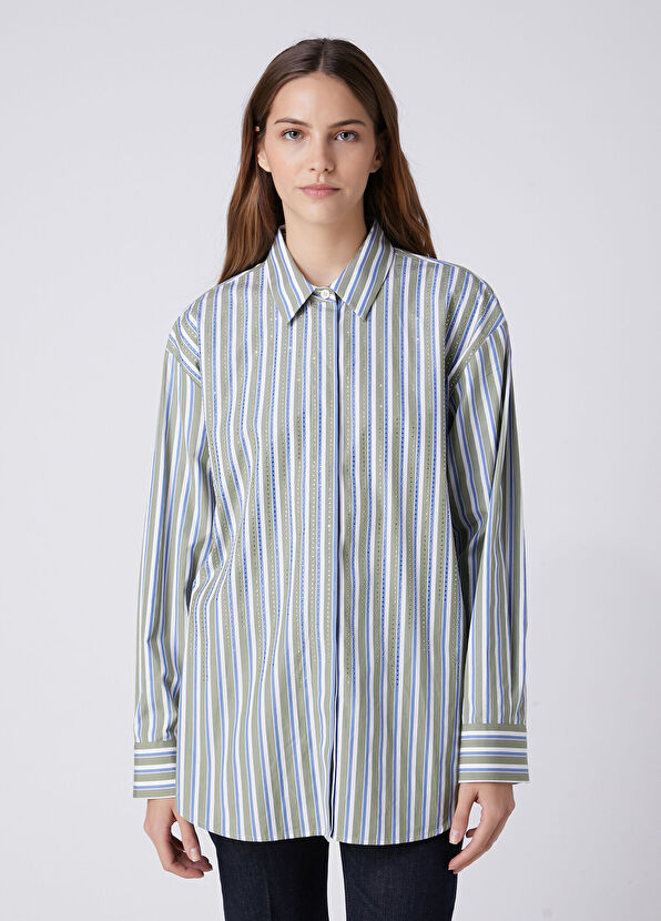 Beymen Club Green Blue Striped Hotfix Shirt - 4