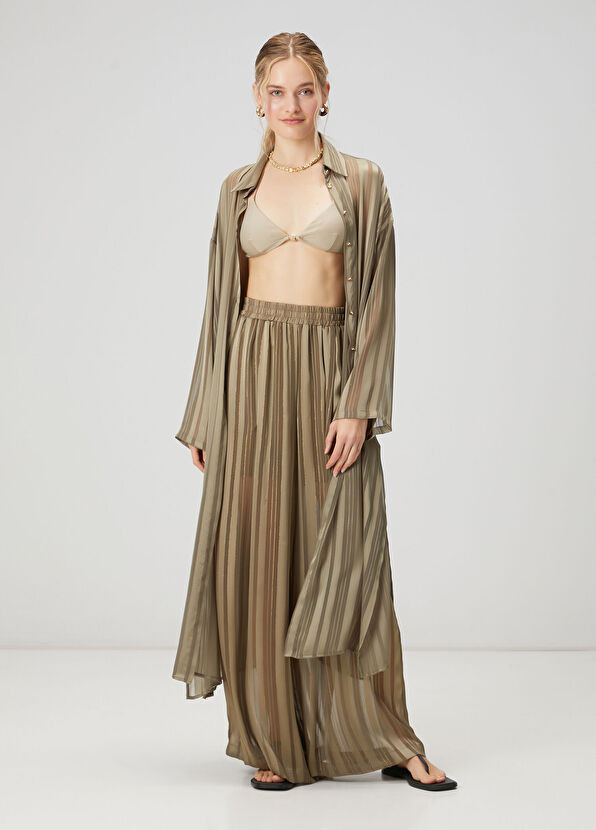 Beymen Club Khaki Striped Sheer Palazzo Trousers - 2