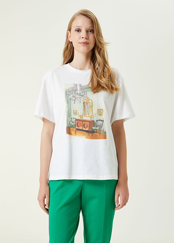 Beymen Club Room Artwork Beyaz Bisiklet Yaka Baskılı T-shirt - 3