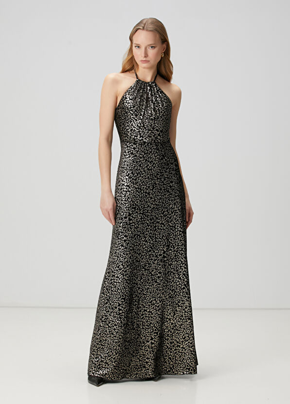 Beymen Club Black Leopard Printed Maxi Velvet Evening Dress - 1