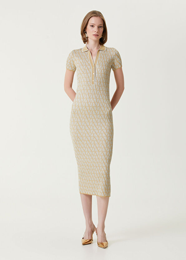 Valentino Bej Geometrik Logo Desenli Midi Elbise - 2