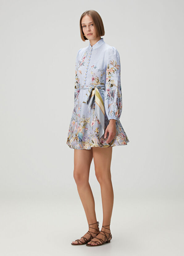 Rebellion Mavi Desenli Mini Keten Elbise - Görsel 3