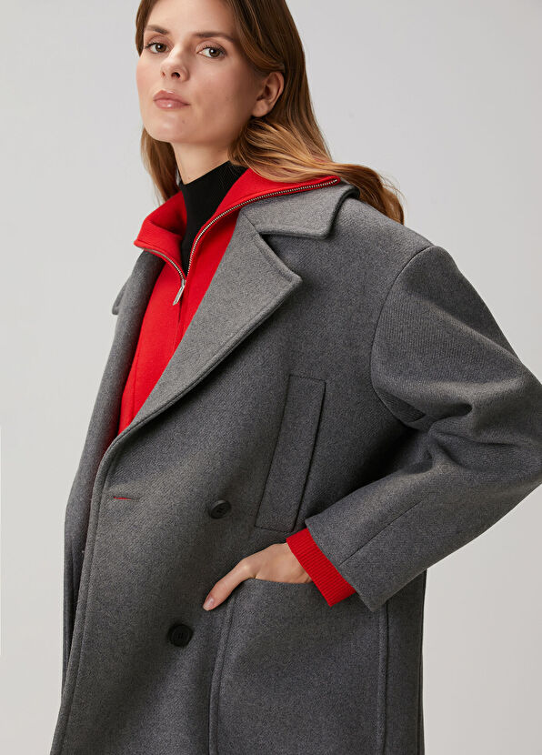 Oversize Gri Yün Kaşe Kaban - Görsel 3