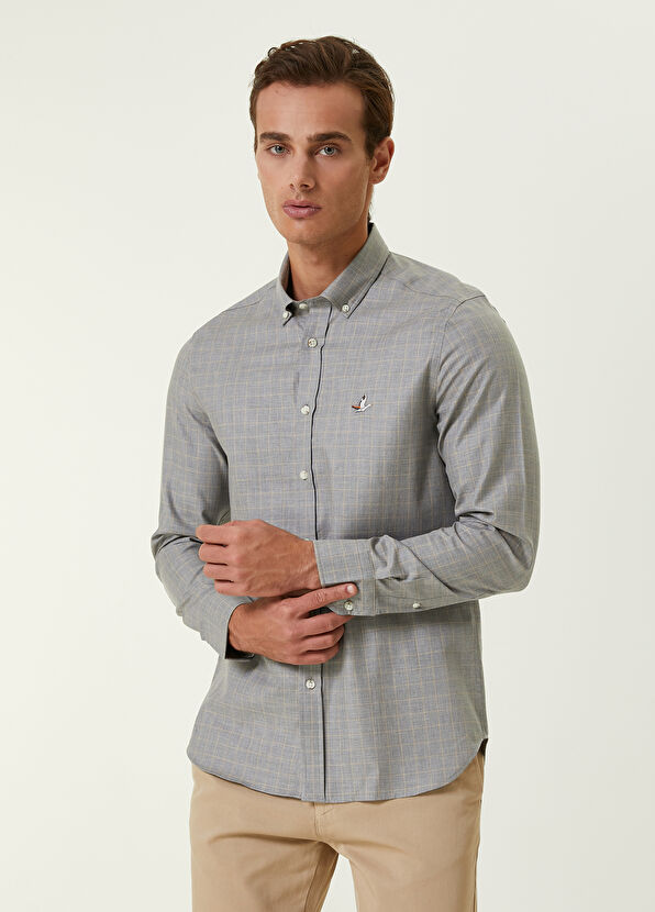 Beymen Club Slim Fit Sarı Gri Kontrast Çizgili Ekoseli Gömlek - 1