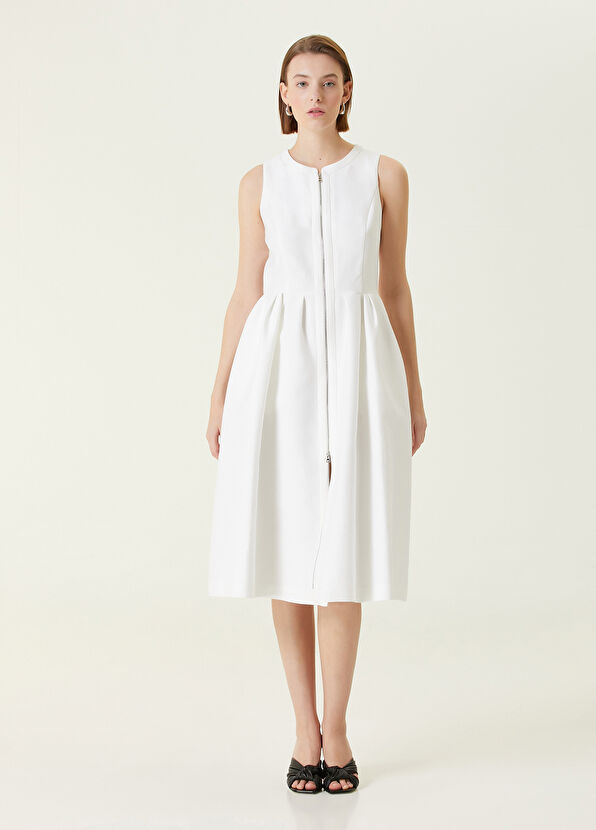 Dice Kayek Beyaz Kadın Beyaz Beli Büzgü Detaylı Midi Elbise 1385417