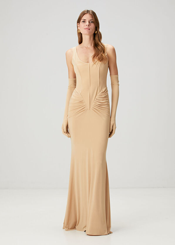 Luna B Iris Beige Maxi Evening Dress - 1