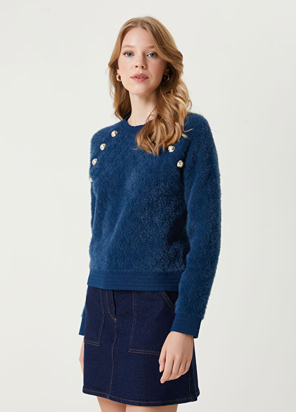 Teal Blue Gold Buttoned Sweater Beymen Club Teal Blue Gold Buttoned Sweater - 1