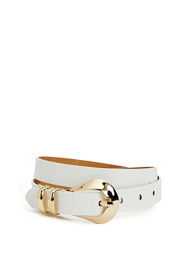 Beymen Club Beyaz Çift Metal Köprü Detaylı Kadın Deri Kemer - 1