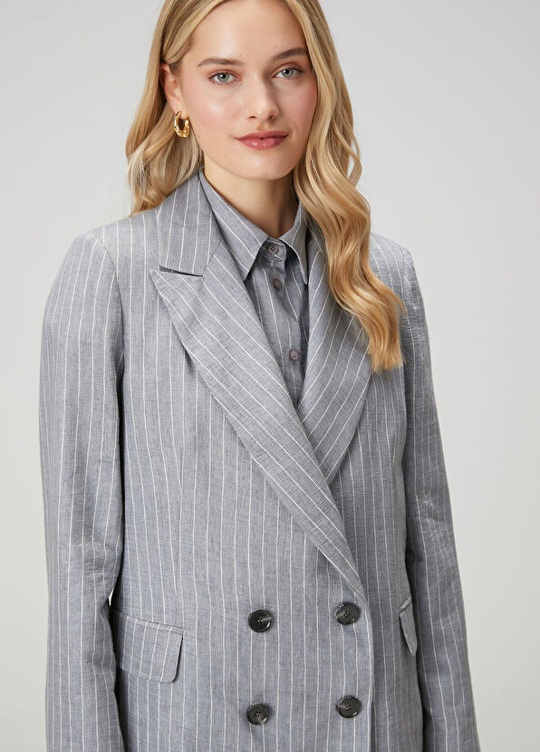 Beymen Club Grey Striped Double-Breasted Blazer - 2