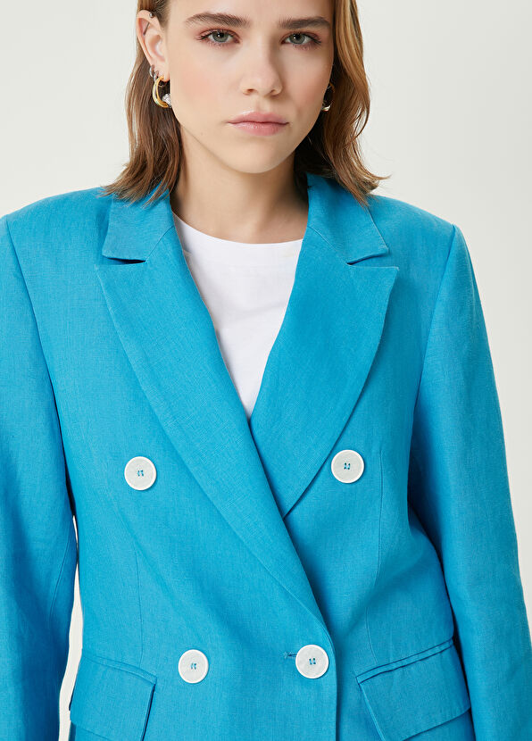 Beymen Club Blue Double Breasted Linen Blazer - 2