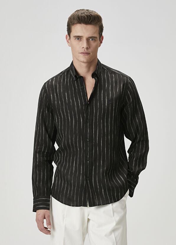 Beymen Club Siyah Çizgili Keten Gömlek - 1