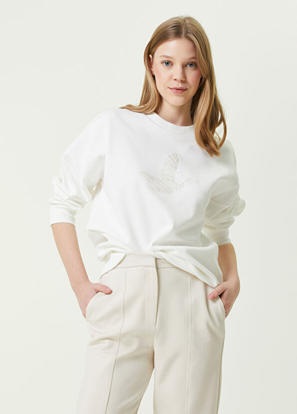 Beymen Club Kırık Beyaz Bisiklet Yaka Kuş Nakışlı Sweatshirt - 1