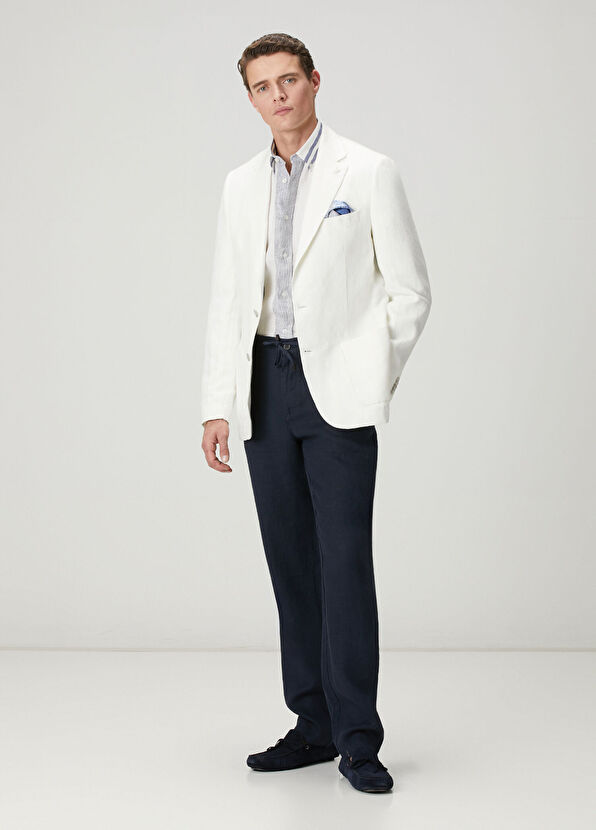 Beymen Club Navy Blue White Striped Relax Fit Linen Shirt - 3