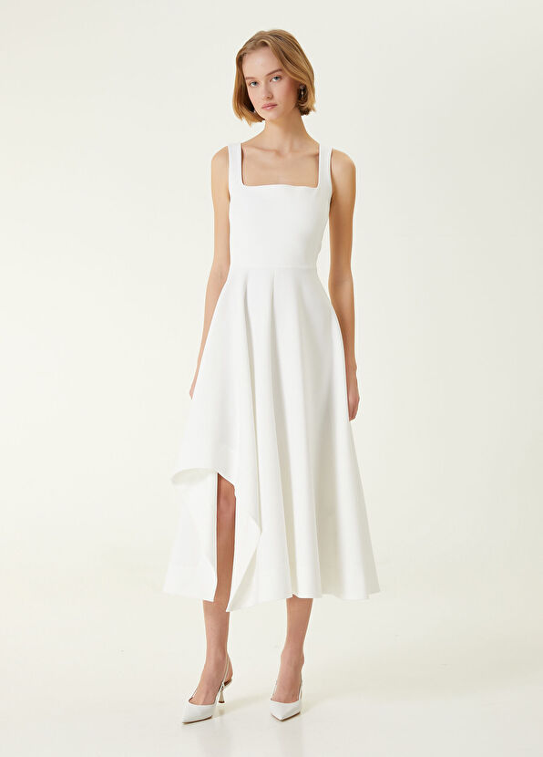 Beyaz Asimetrik Etekli Elbise - Görsel 5