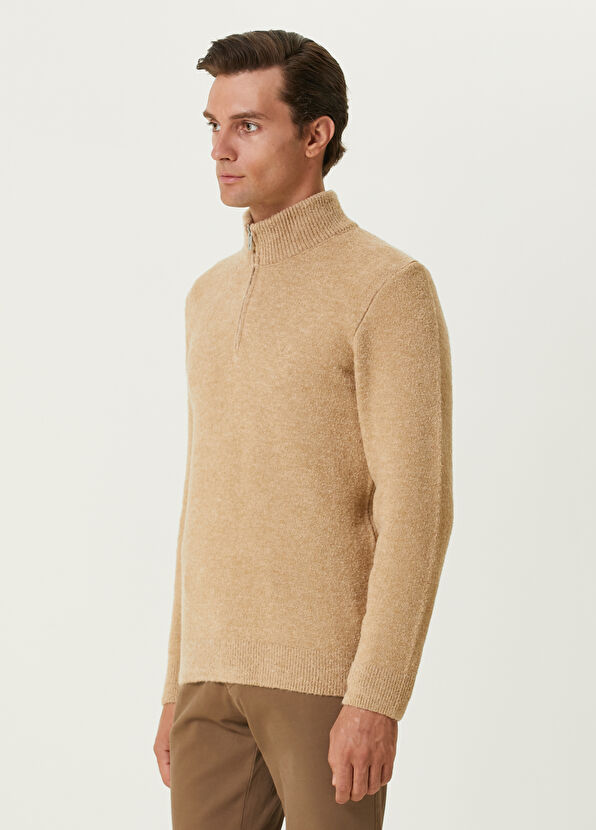 Beymen Club Açık Bej Yakası Fermuarlı Yün Kazak - 4