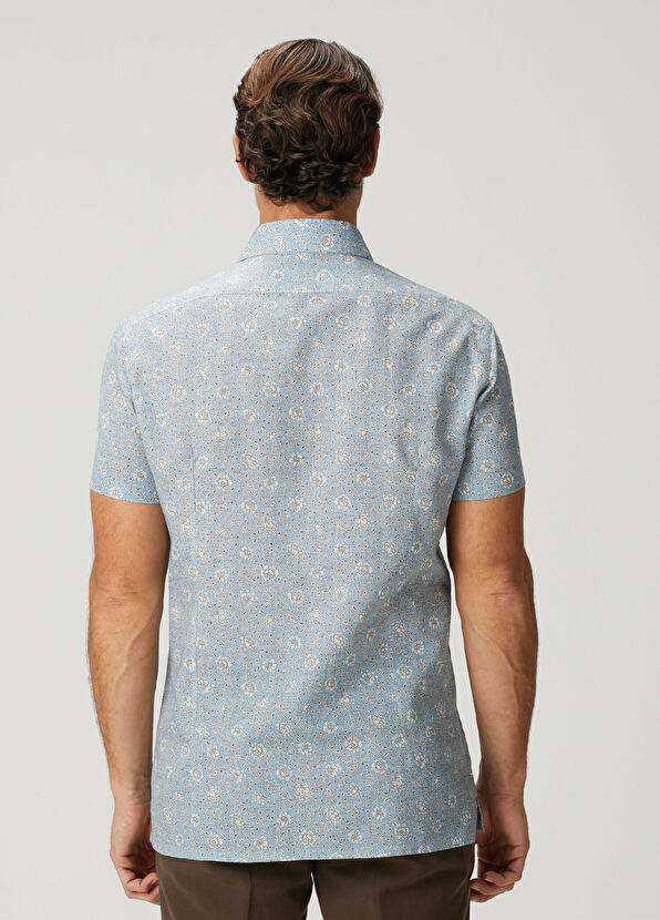 Kiton Nerano Light Blue Floral Print Short Sleeve Shirt - 4