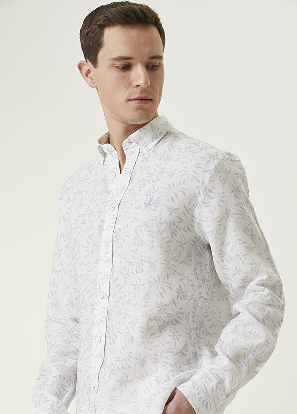 Beymen Club Comfort Fit Blue White Leaf Patterned Linen Shirt - 2