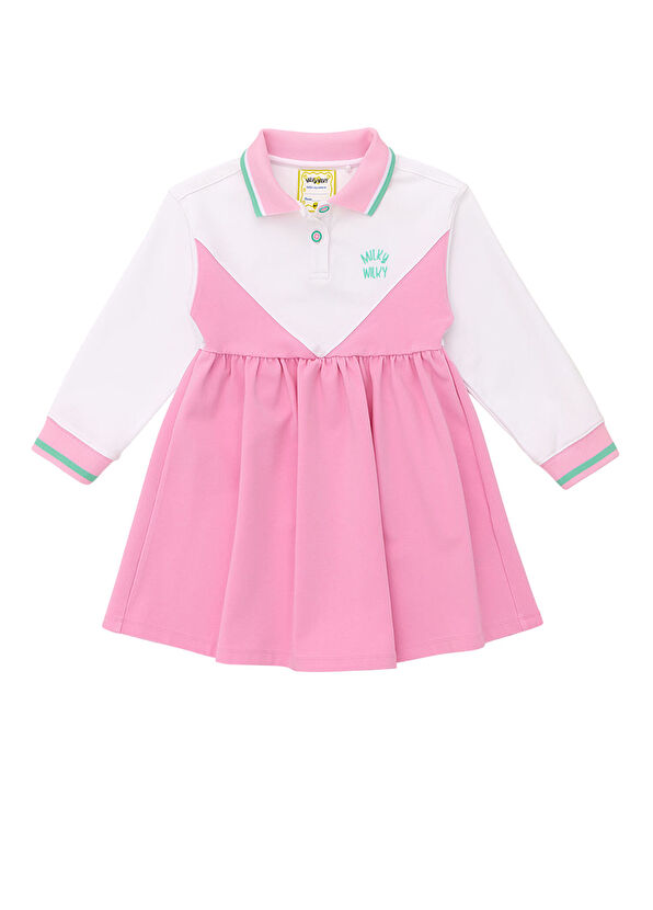 Pembe Polo Yaka Uzun Kollu Kız Çocuk Elbise - Görsel 2