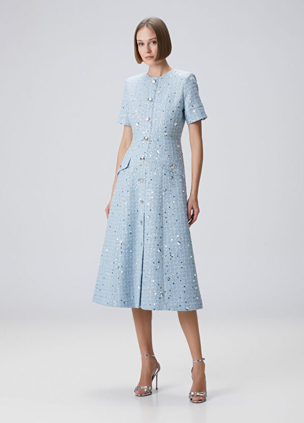 Mavi Payetli Midi Tweed Elbise - Görsel 5