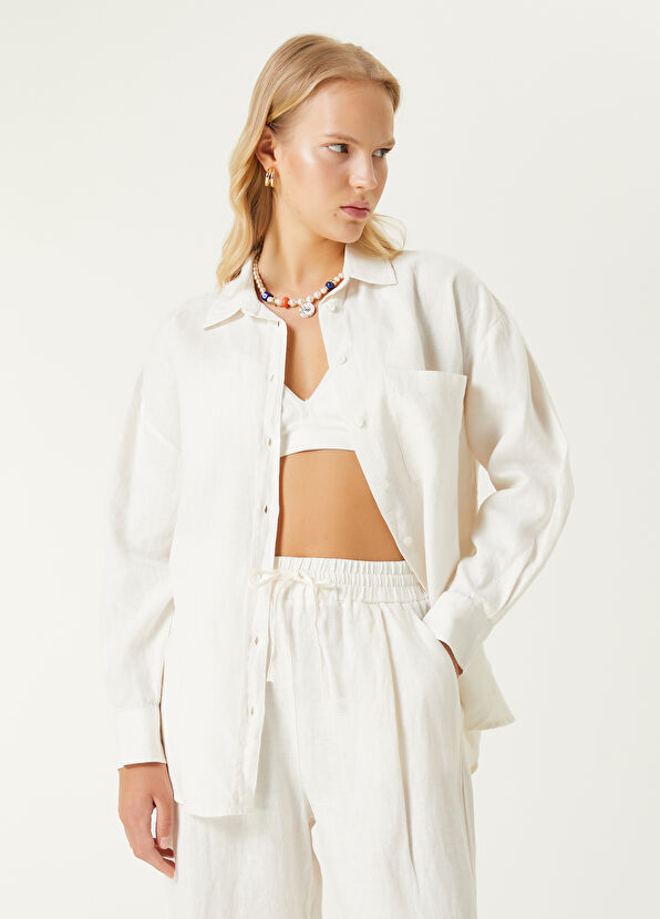 Beymen Club Beyaz Oversize Keten Gömlek - 4