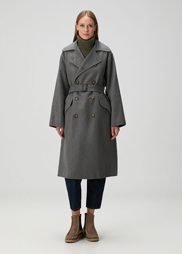 Gri Kruvaze Kaşmir Palto - Görsel 2