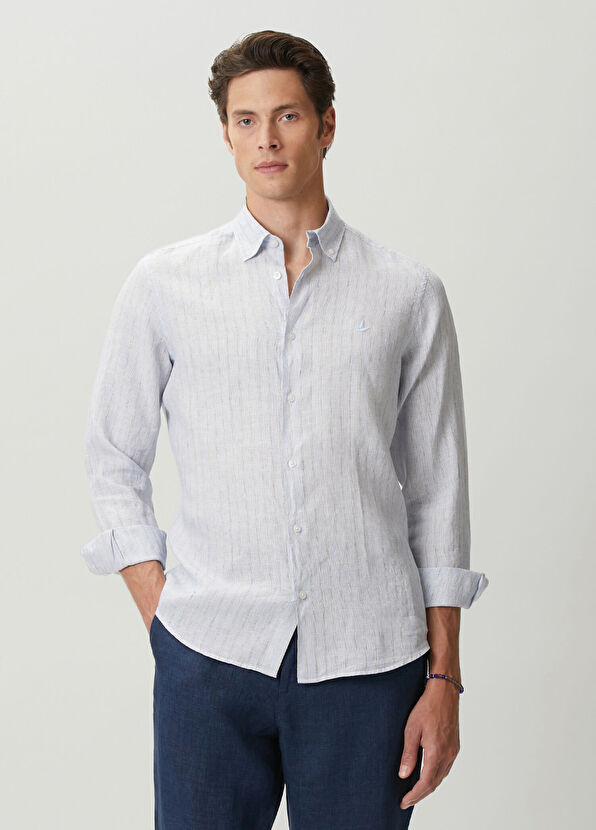 Beymen Club Regular Fit Mavi Çizgi Desenli Keten Gömlek - 2