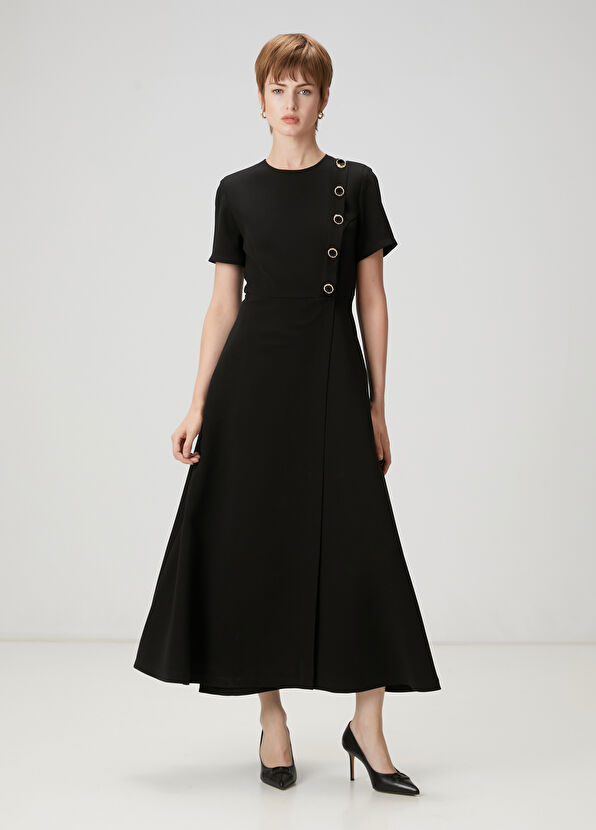 Beymen Club Siyah Gold Düğmeli Midi Elbise - 4